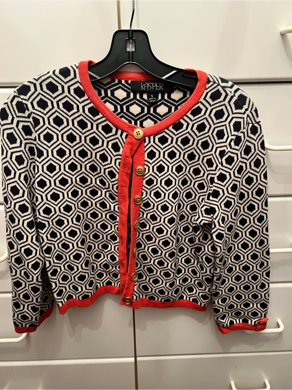 Kasper Navy & White Geometric Cardigan with Orange Trim